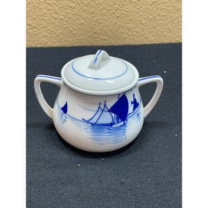 Nippon Old Blue Hand Painted China Sugar Bowl White With Blue Sailboats